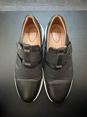 Clarks Black Leather Slip-On Sneakers with White Sole